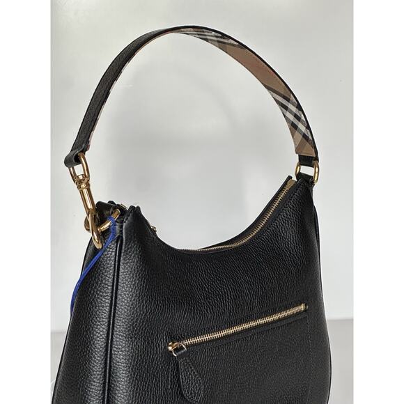 Burberry Hobo Leather Shoulder Bag Check Strap Black 81046821 Italy NWT $1750 - Picture 5 of 16